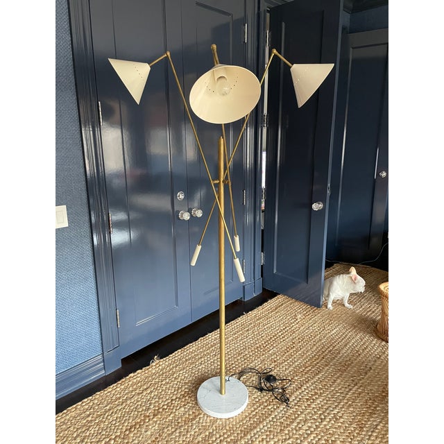 Italian mid-century style adjustable three-arm lamp, ‘Triennale’ style. White conical shades, Carrara marble base, arms...