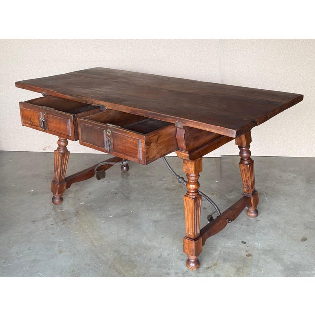 19th Century Solid Oak Baroque Fluted Legs Desk Writing Table or Console For Sale - Image 18 of 18