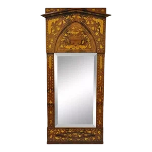 Antique Dutch Marquetry Satinwood Inlay Beveled Glass Console Wall Mirror