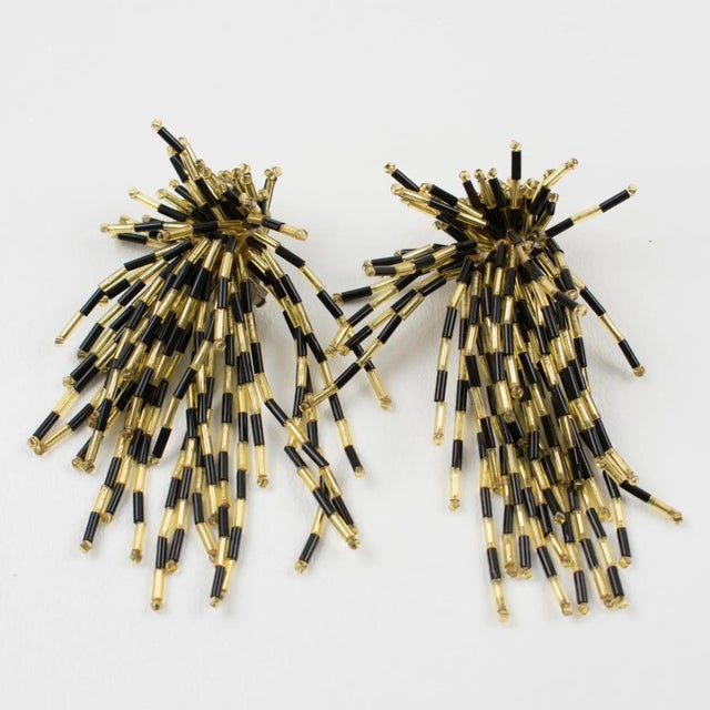 Waterfall Black and Gold Glass Beaded Dangle Clip Earrings For Sale - Image 4 of 8