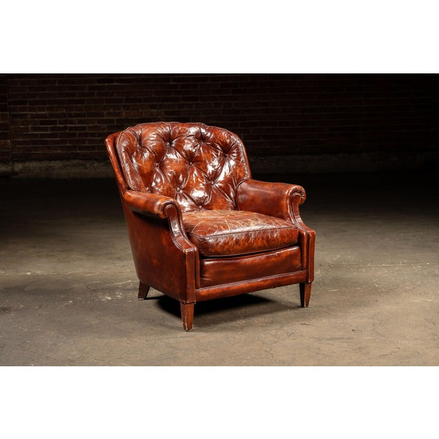Traditional Vintage Tufted Leather Chesterfield Armchair and Ottoman by Hickory Chair For Sale - Image 3 of 15