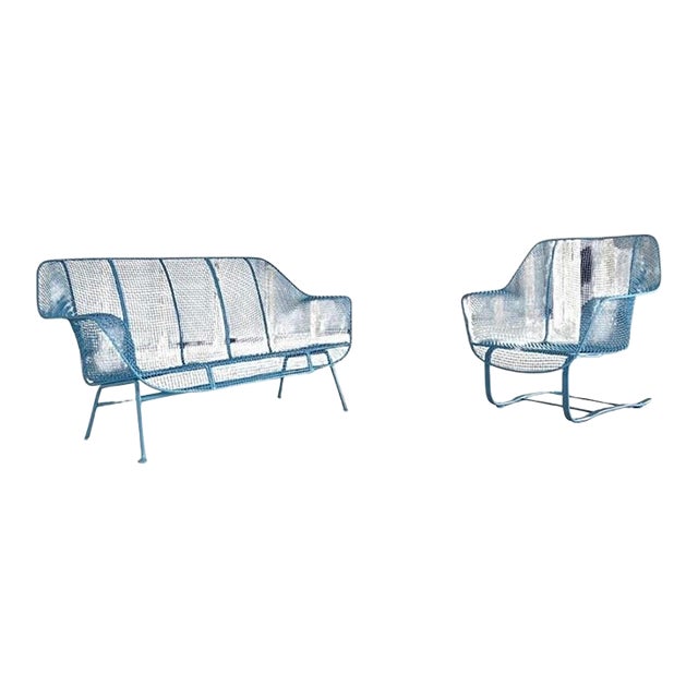 Cerulean Blue Russell Woodard Sculptura Loveseat + Cantilevered "Springer" Chair, Set of 2 For Sale
