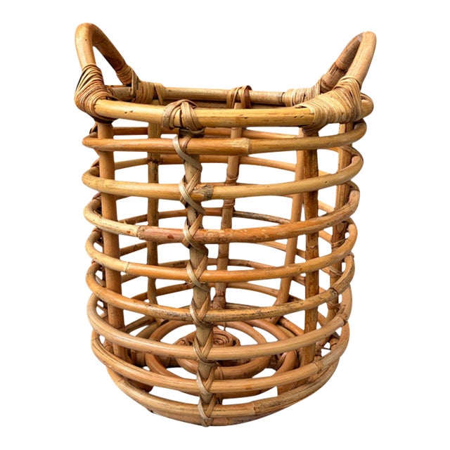 Vintage Open Bamboo Basket With Handles For Sale