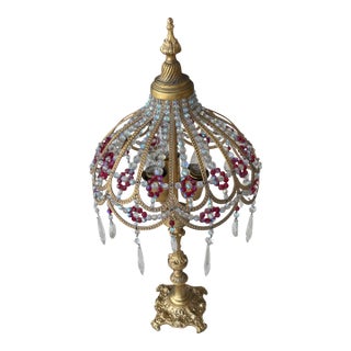Antique Gilt Brass and Glass Beaded Lamp For Sale