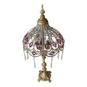 Antique Gilt Brass and Glass Beaded Lamp