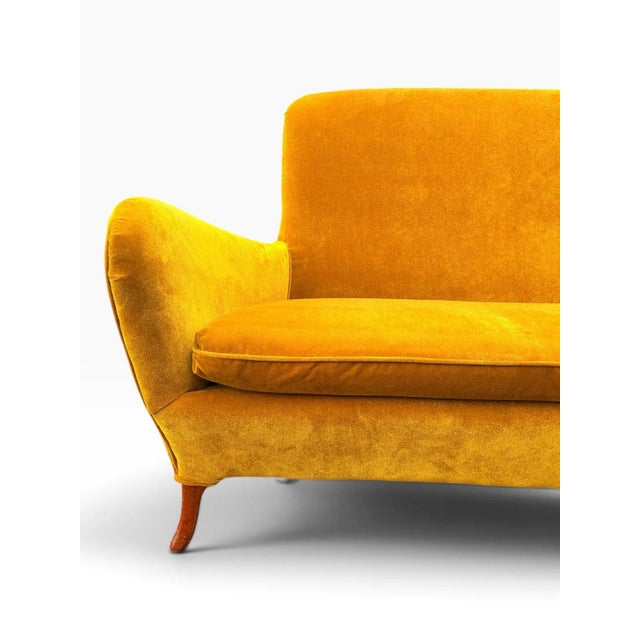 Textile Italian Mid-Century Modern Sculptural Wing Arm Loveseat | Restored in Saffron Velvet | C. 1950s For Sale - Image 7 of 11
