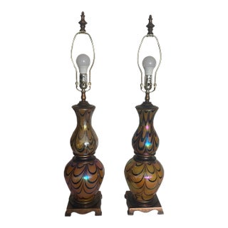 Vintage Iridescent Art Glass Table Lamps-Murano Style Amber Feather Patten - A Pair For Sale