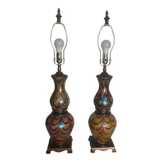 Vintage Iridescent Art Glass Table Lamps-Murano Style Amber Feather Patten - A Pair For Sale