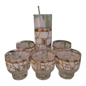 Vintage Mid Century Modern Starlyte Confetti Cracked Set of 4 Short Drinking Glasses, Pitcher Set 6