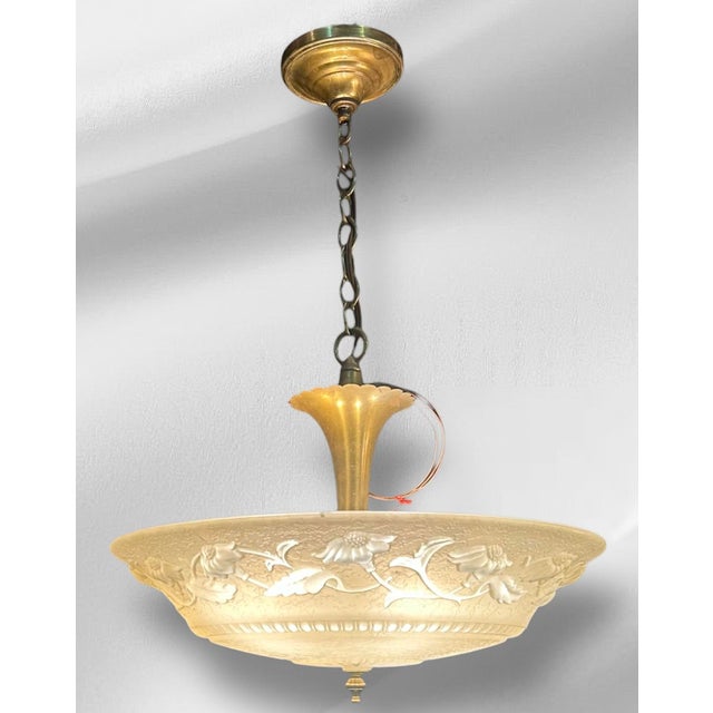 1930s 1930s Art Nouveaou Chandeliers With Cream Floral Shades - Set of Two For Sale - Image 5 of 15