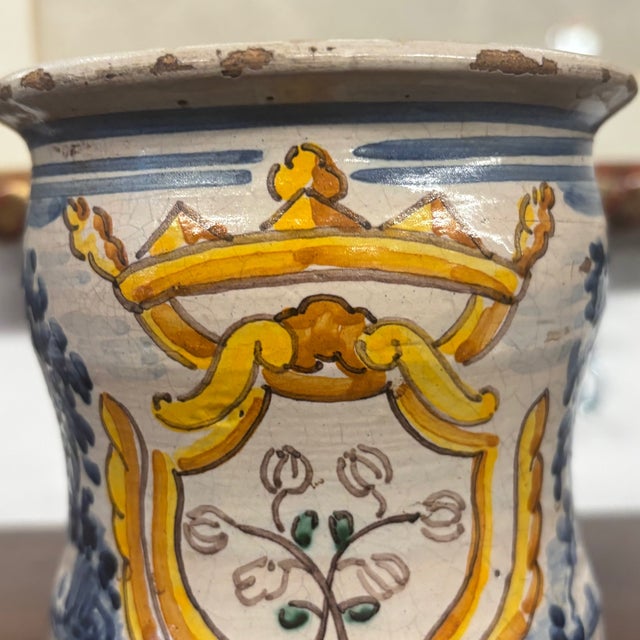 Antique Albarello Pharmacy jar used in ancient times to store spices or Galenic preparations. Painted on the front with...