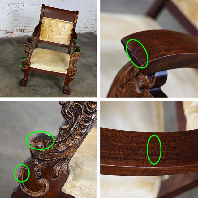 Gold Late 1800s Antique Victorian Mahogany Armchair Carved Figural Lion Heads & Claw Feet & Gold Velvet Upholstery For Sale - Image 8 of 12