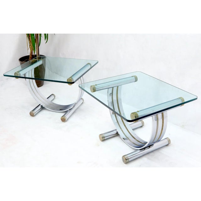 Pair of Chrome & Brass U Shape Bases Glass Top End Side Occasional Tables For Sale - Image 10 of 13