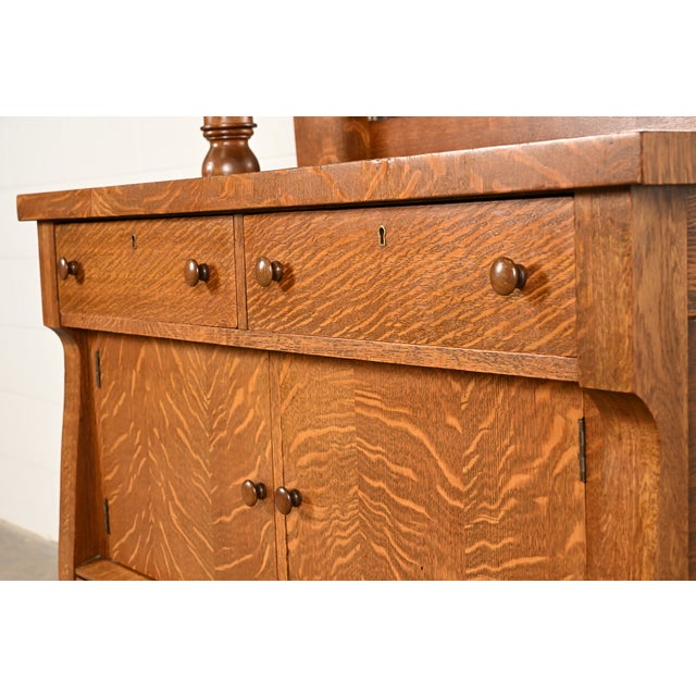 Antique American Empire Tiger Oak Sideboard With Mirrored Backsplash, Circa 1900 For Sale - Image 10 of 15