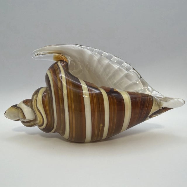 Murano Vintage Murano Style Art Glass Conch Shell Cream Brown Swirl Paperweight For Sale - Image 4 of 4