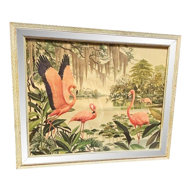 MCM Pink Flamingo Lithograph Print Signed Arthur in Mirror Frame by Turner For Sale