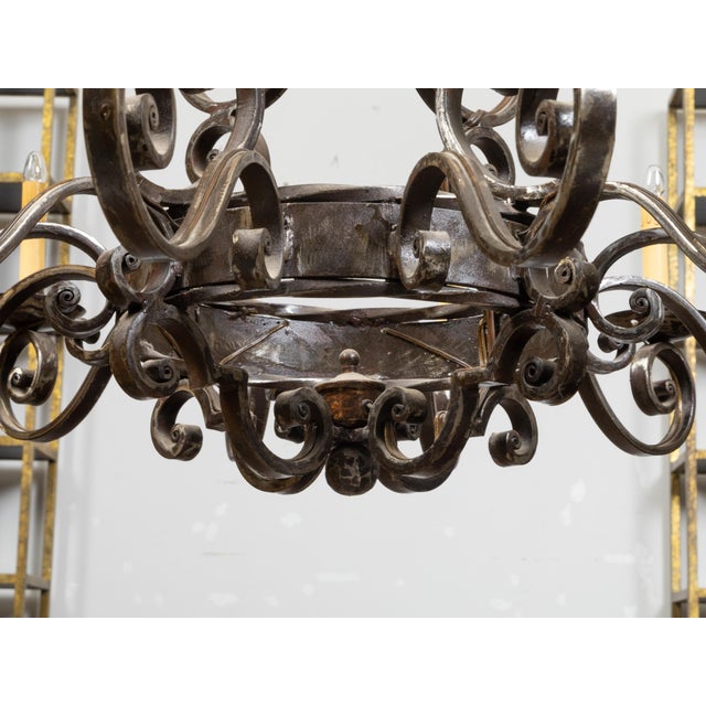 Mid 20th Century Mid Century Modern French Steel 12-Light Chandelier with Scrolls and Dark Patina For Sale - Image 4 of 12