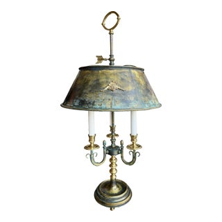 Vintage Brass Verdigris Three-Light Bouillotte Table Lamp Neoclassical Hollywood Regency Style For Sale