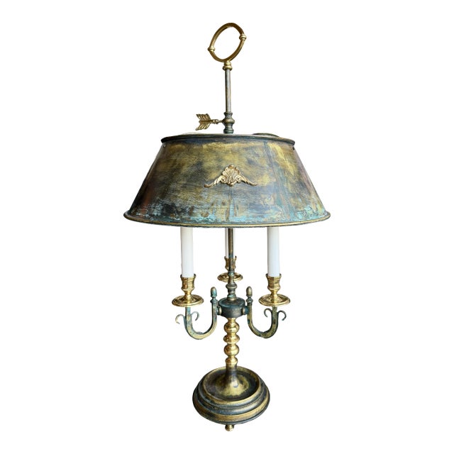 Vintage Brass Verdigris Three-Light Bouillotte Table Lamp Neoclassical Hollywood Regency Style For Sale