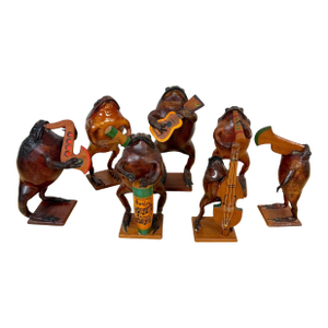 Mid-20th C. Mexican Hand-Carved Seven-Piece Frog Orchestra, with Carlos Campos