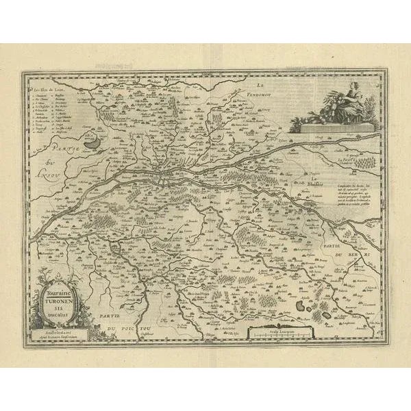 Antique map of France titled 'Touraine - Turonensis Ducatus'. Decorative map of the Touraine region, France. It shows the...