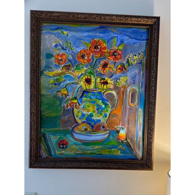 By prominent Jewish artist Jehudith Sobel, this vibrant floral oil on canvas (with cute lady bug featured) painting of the...