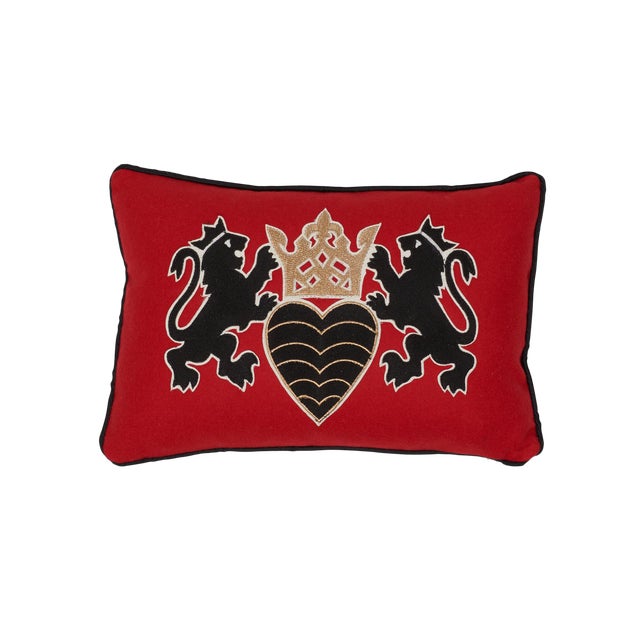 Contemporary Schumacher Lionheart Applique Lumbar Pillow in Red Black Gold For Sale