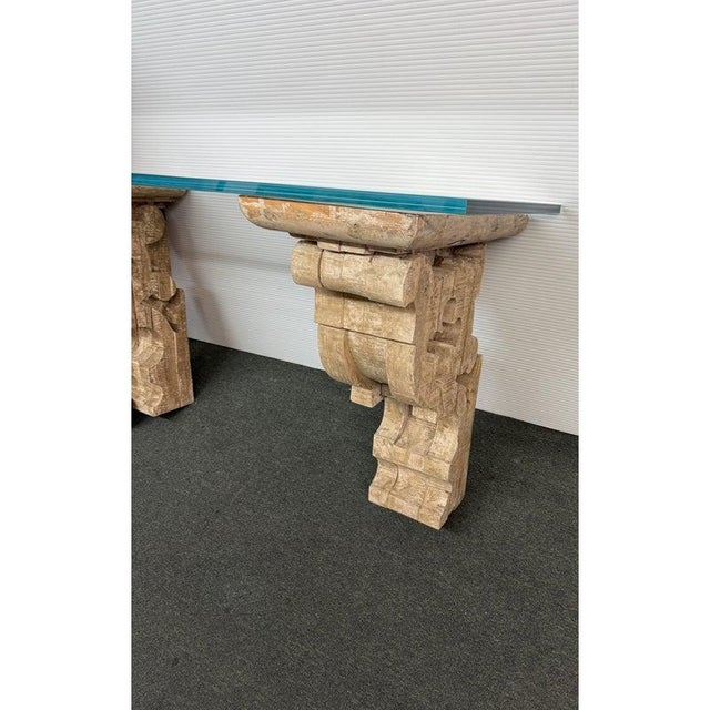2010s Restoration Hardware (Rh) Classical Reclaimed Teak Corbel Glass Desk & Console Table For Sale - Image 5 of 8