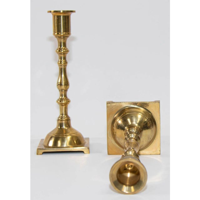 Metal Pair of Georgian Polished Brass Candlesticks With Square Base For Sale - Image 7 of 11
