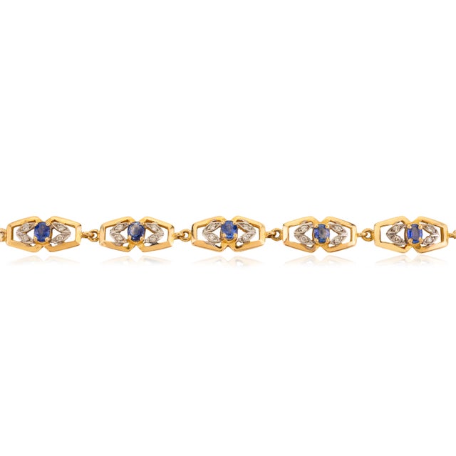 Art Deco Vintage Style 18k Yellow Gold 1.65Ct Sapphire & Diamond Link Bracelet for Women For Sale - Image 3 of 13