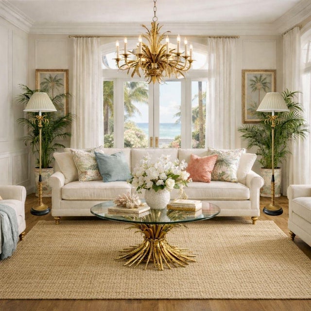 A decorative pair of vintage Italian gilt tole floor lamps featuring sculptural palm frond motifs and classical detailing....