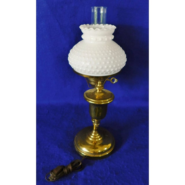 Brass Vintage Mid Century Brass White Hobnail Milk Glass Students Desk Lamp For Sale - Image 8 of 13