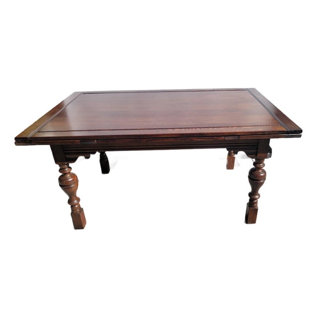 Antique 1930s Rustic Spanish Jacobean Dining Table Draw Leaf 8 Feet Open For Sale