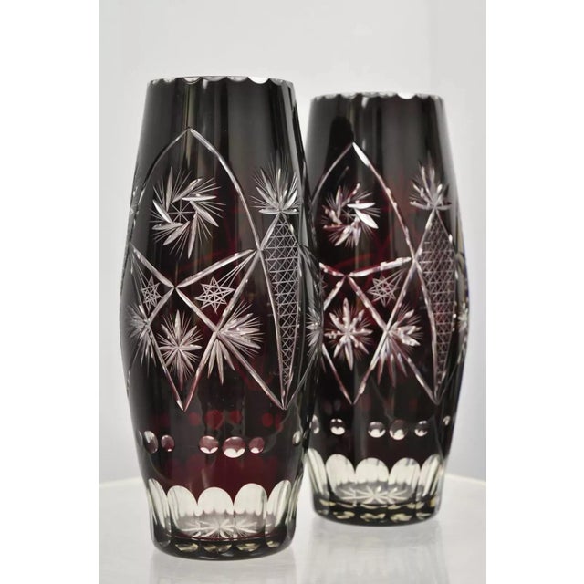 Vintage Bohemian Czech Cut to Clear Cranberry Ruby Glass Bud Vases - a Pair For Sale - Image 10 of 10