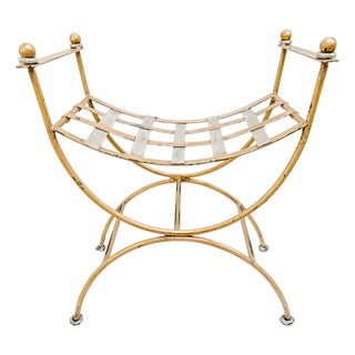 Early 20th Century Italian Hollywood Regency Gilded Wrought Iron Curule or Savonarola Vanity Stool For Sale