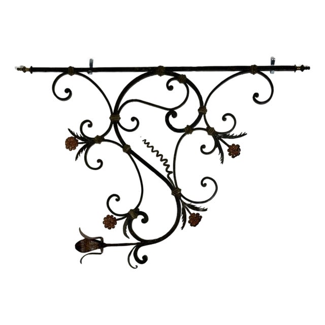 Vintage Architectural Salvage Wrought Iron & Brass Wall Decor With Floral and Scroll Motif For Sale