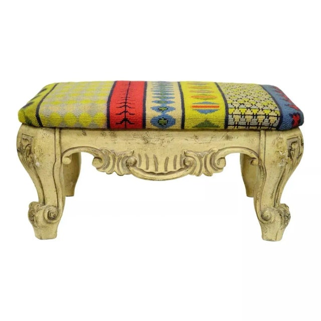 Mid 20th Century Vintage French Baroque Style Wooden Distress White Painted Footstool Ottoman For Sale - Image 9 of 9