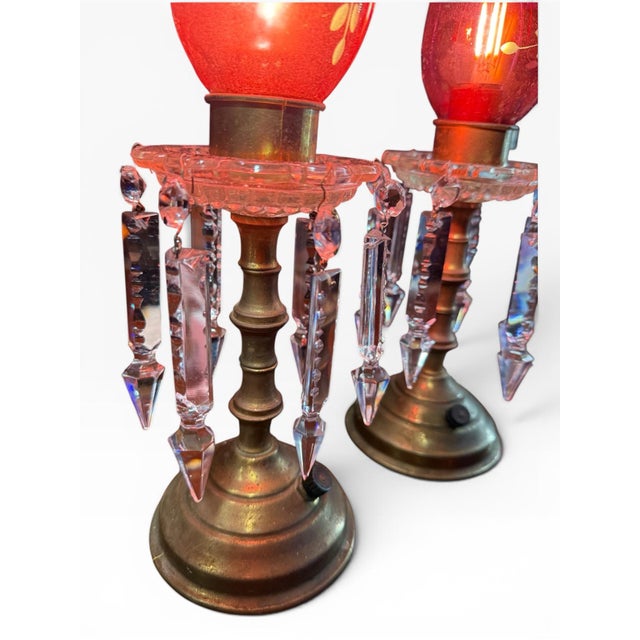 Vintage Hollywood Regency Red Glass & Crystal Prism Boudoir Lamps, Pair For Sale - Image 4 of 8
