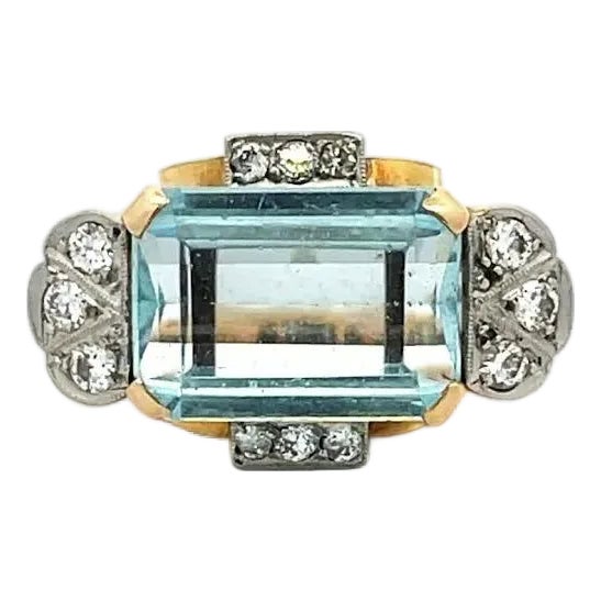 Diamond Aquamarine Platinum Gold Floral Design Retro Estate Ring For Sale