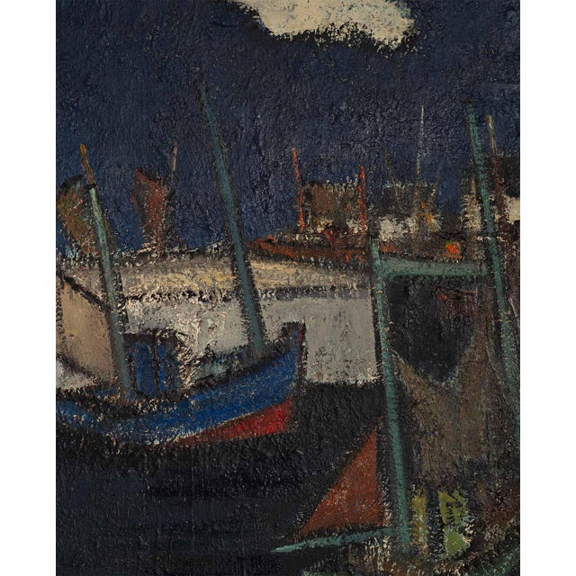 Hubert Henri de Vries, Boats in the Harbor, Antwerp, 1960s, Oil on Canvas For Sale - Image 7 of 9