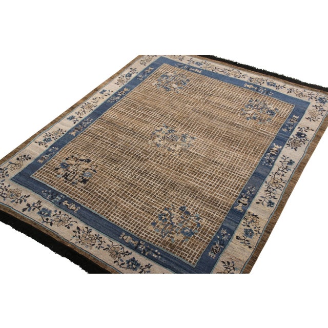 Transitional Rug & Kilim’s Chinese Art Deco Style Rug in Beige-Brown and Blue Medallion Style For Sale - Image 3 of 5