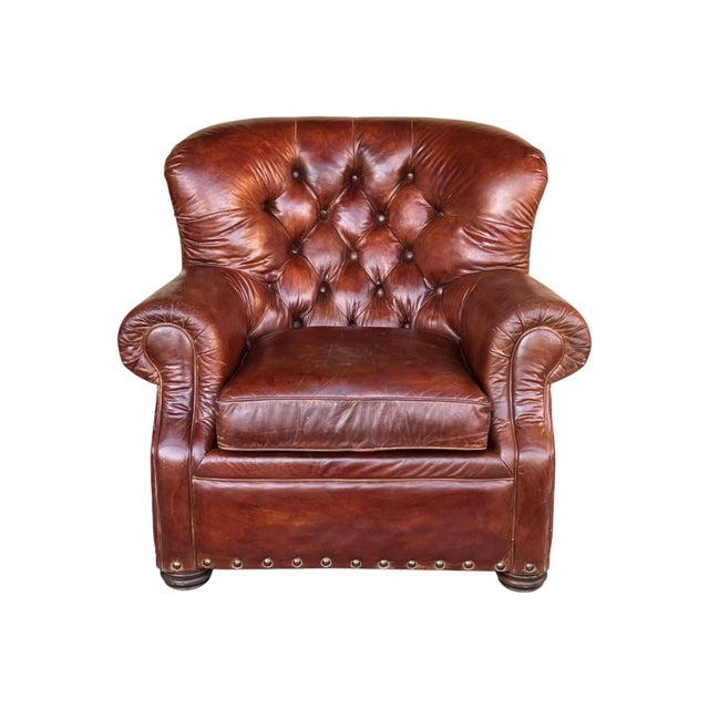 Churchill Tufted Leather Armchair & Ottoman, Newly Dyed, Restoration Hardware Style For Sale - Image 13 of 15