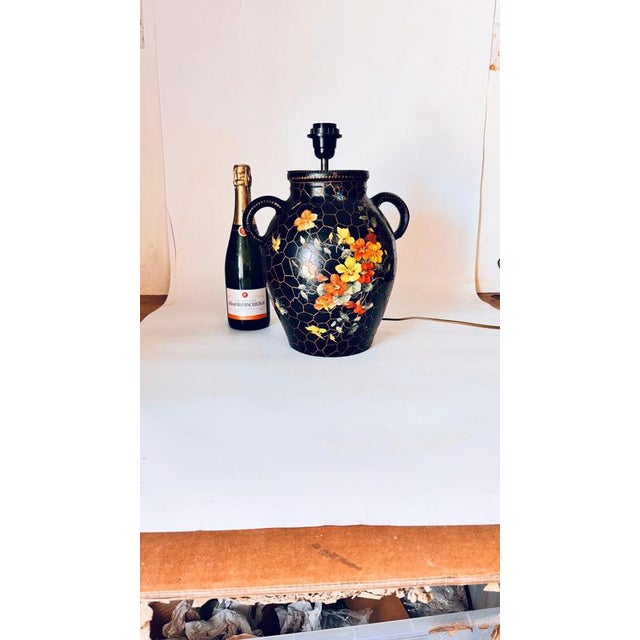 Large Hand-Painted Ceramic Table Lamp with Floral and Insect Motifs, 1960s For Sale - Image 10 of 13