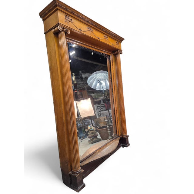 Wood Antique Victorian Style Quarter-Sawn Oak Carved Beveled Pier Mirror For Sale - Image 7 of 9