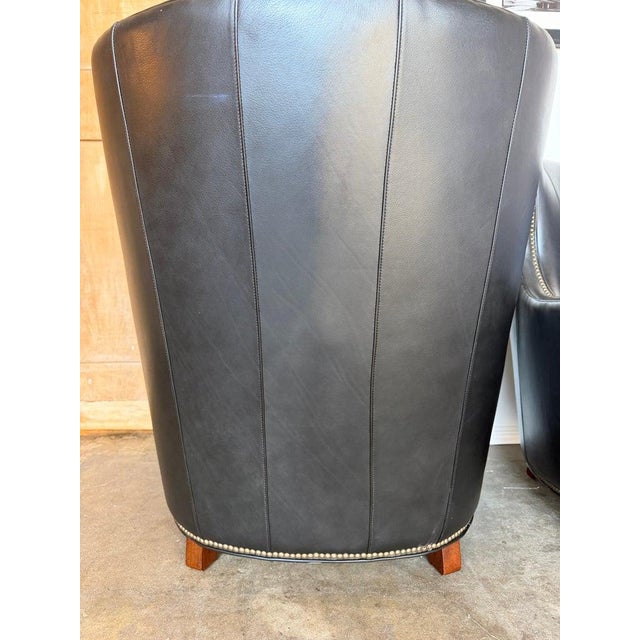 Pair of Thomasville Black Leather Wingback Lounge Chairs For Sale - Image 16 of 17