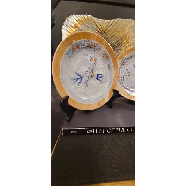 Stone Mid-Century Modern Vintage Japanese Gilt-Rim Porcelain Plates With Swallow & Blossom Motif – Set of 2 For Sale - Image 7 of 14