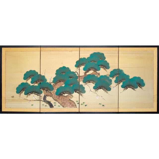 C. 1960s Showa Era Japanese Painted Silk Byobu Screen "Evergreen Pine Tree" For Sale - Image 18 of 18