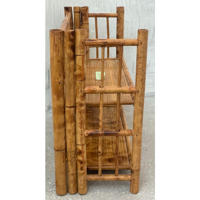 1970s Vintage 1970’s 'Scorched Tortoise' Bamboo, Rattan Petite Folding 2-Tier Etagère For Sale - Image 5 of 12