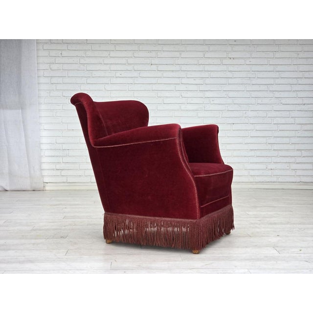Red Vintage Danish Lounge Chair in Cherry-Red Furniture Velour and Oak, 1960s For Sale - Image 8 of 18