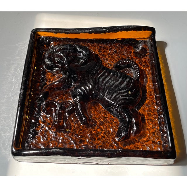 1950s Mid-Century Amber Glass Zodiac Block with Capricorn from Ząbkowice Glassworks, 1950s For Sale - Image 5 of 7
